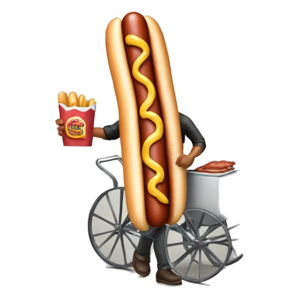 hot dog vendor holding a hot dog with a cart sticker