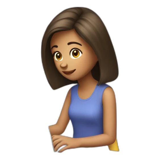 A girl looks at the laptop sticker