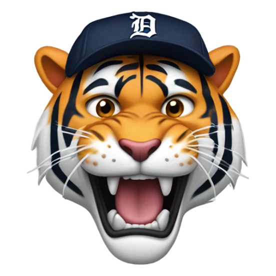 A feoscious tiger wearing a Detroit tigers baseball cap roaring sticker