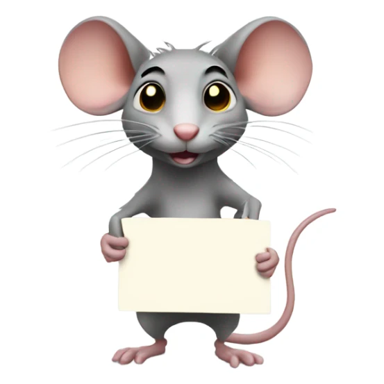 A rat looks to the right, holding a blank sign sticker