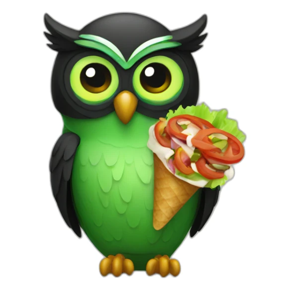 Black and green owl eating a kebab sticker