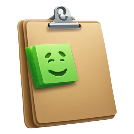 Design a simple emoji-style icon that represents a catalog of items in stock. It should include a clipboard or checklist symbol, with a shopping bag or box, and use bright, inviting colors like green to signify availability. sticker
