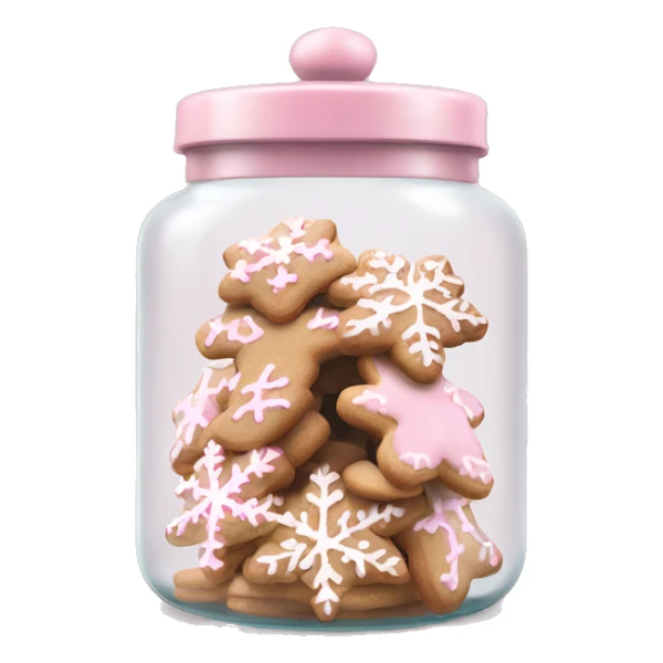 Realistic glass cookie jar with light pink lid full of gingerbread snowflake cookies isolated.  sticker