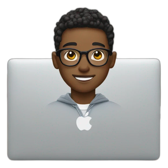 boy with transparent specs wearing airpods in front of macbook sticker