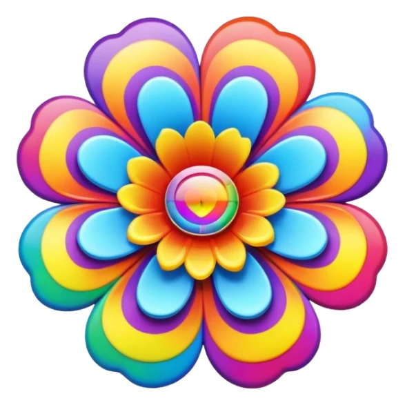 A round psychedelic colored button with bezeled edges and a rainbow colored 3D flower in the center sticker