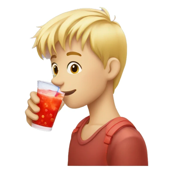 A blonde boy sucking juice with a straw while his hand is holding the drink, profile view sticker