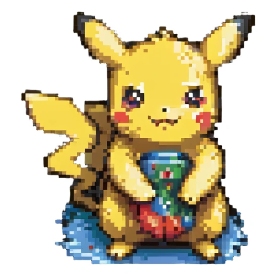 cute Pikachu Pokémon, retro blocky appearance, adorable features sticker