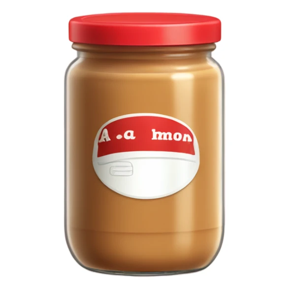 A plain glass jar containing smooth brown peanut butter. Red lid on top. No decorative elements, no faces, no kawaii style. Simple product container design with basic label area. sticker