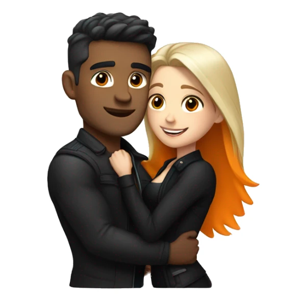 A muscular, well-shaped, slightly brunette man wearing a black jacket and a woman with light blonde, black and orange hair hugging him. sticker