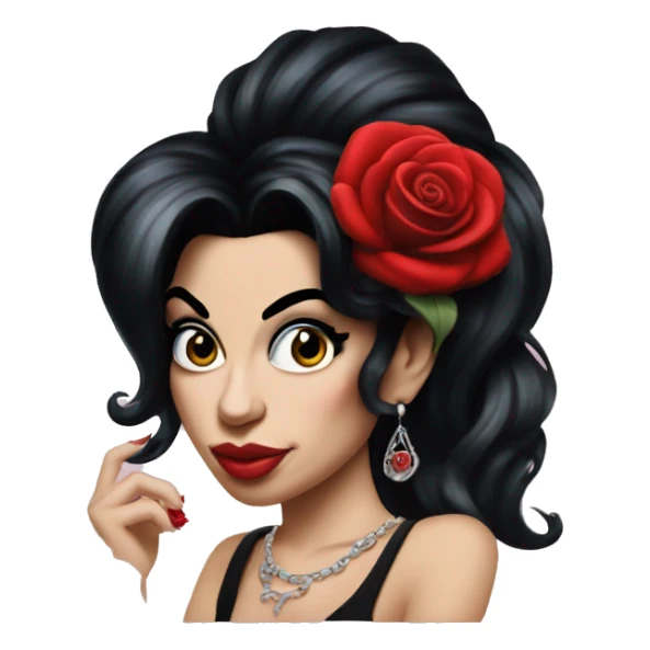 Amy Winehouse with nose piercing, hoops and red rose in hair sticker