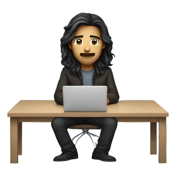 a wen developer sitting in front of their laptop, male, dark long hair sticker