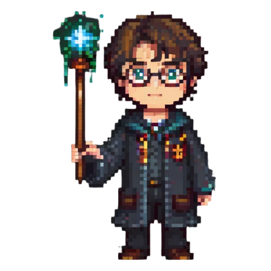 Harry Potter holding a magic wand in pixel art style sticker