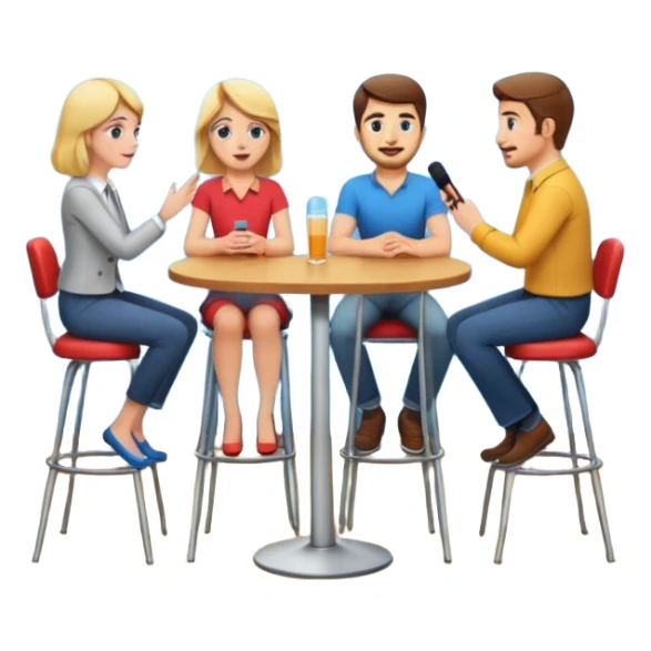 casual interview on stage, three people, facing each other, woman on the left, two men on the right, high chairs sticker