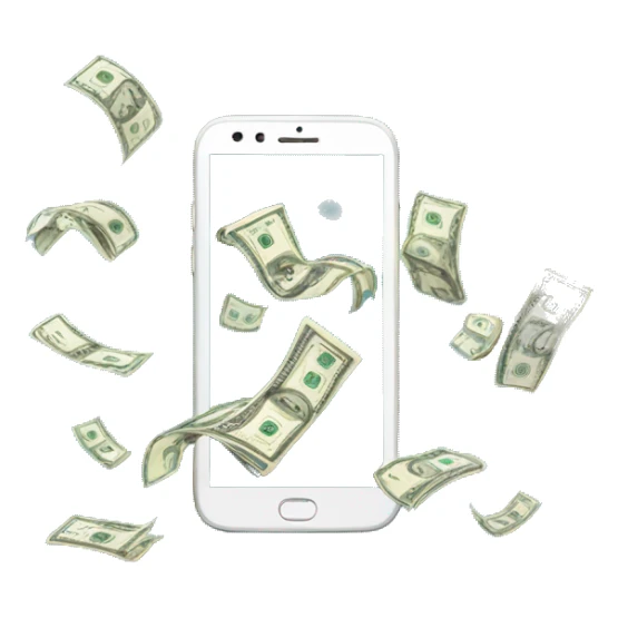 phone with dollar bills flying out of the screen sticker