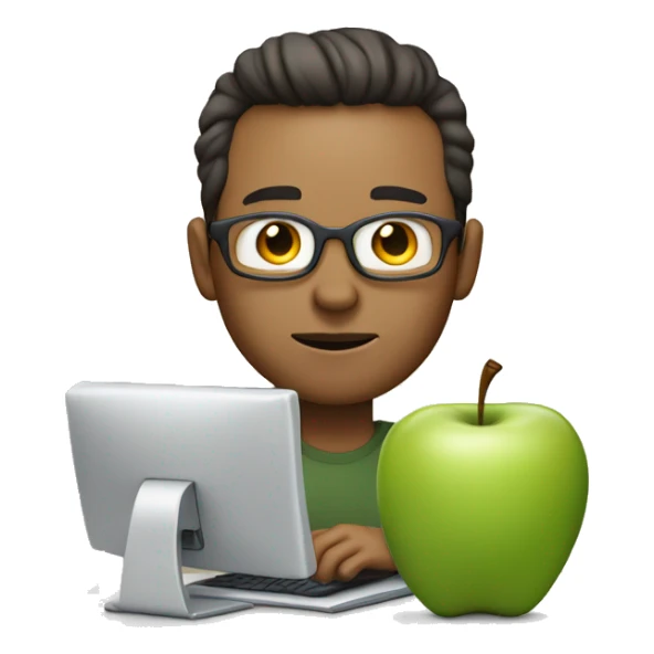 Graphic designer about 40 years old, man, with white skin bordering on tan, without glasses and dark brown hair, using an apple computer while he creating branding  sticker