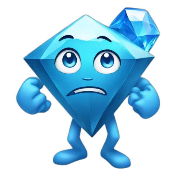 A blue diamond with a face, arms and legs doing something random and with a sad face sticker
