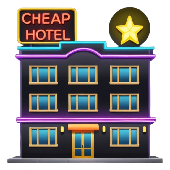 Hotel barato con letrero de neón en la fachada. sticker