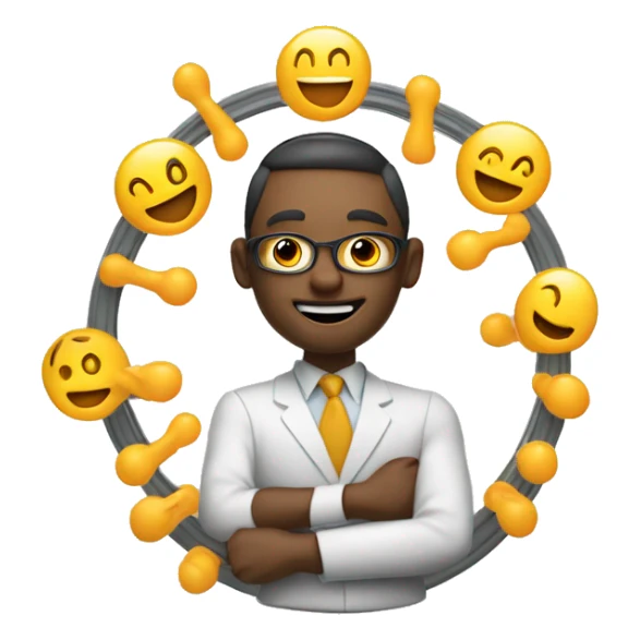 An anthropomorphic door character skillfully juggling glowing client relationship symbols in a circular motion sticker