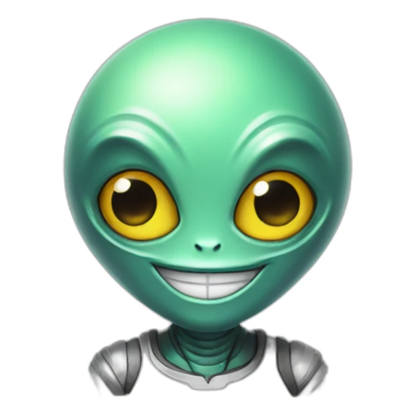A space alien with a big smile and a peace sign sticker