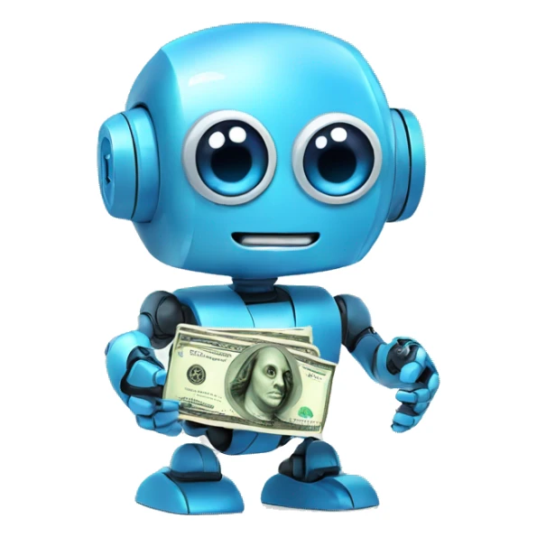 cute blue big-eyed robot holding money sticker