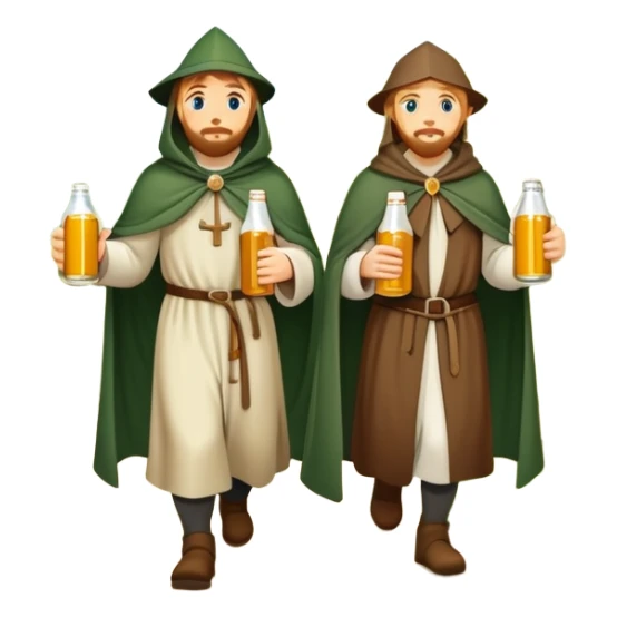 medieval pilgrims walking on a journey path with cloaks and beer bottles sticker