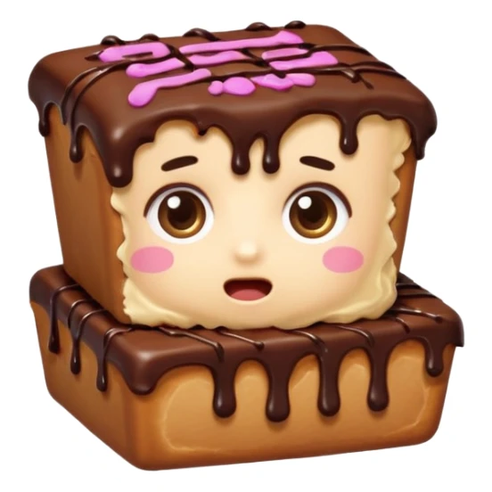 Rectangular chocolate mini pastry, slightly messy, wide shocked eyes, open mouth, chocolate dripping, text above: "ПАСТИЧКА", chibi style, Twitch emoji style, transparent background, colorful

 sticker