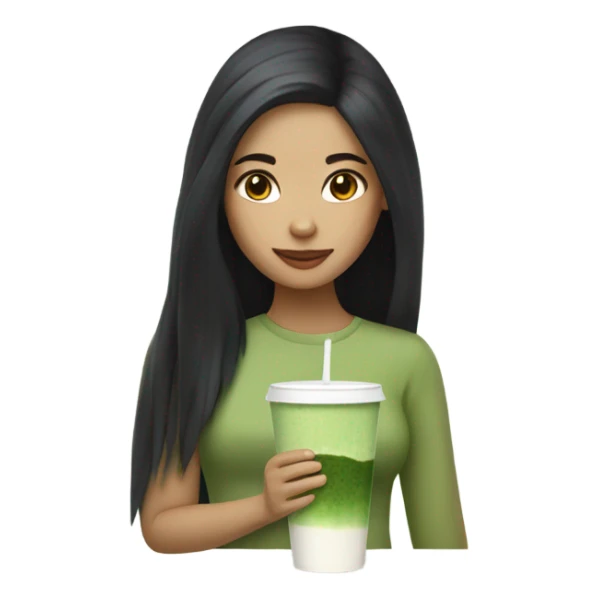 female with long black hair holding an iced matcha sticker