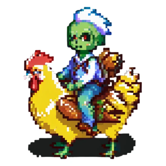chicken jockey, a small zombie riding a chicken, pixel art style sticker