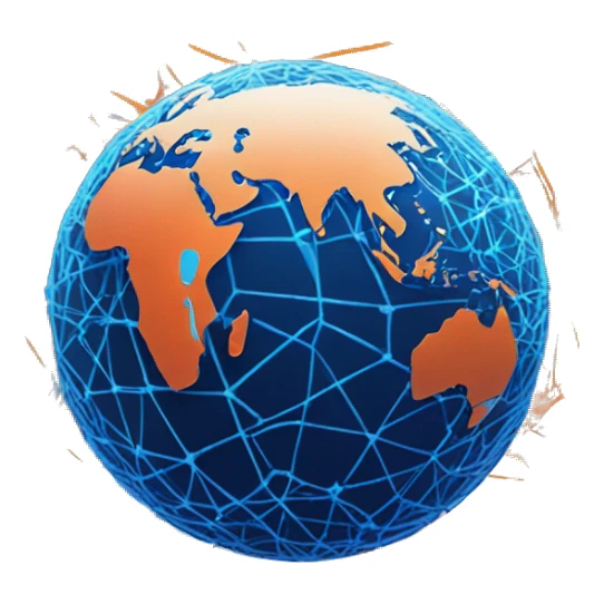 "Futuristic glowing Earth surrounded by digital blue and orange networks, representing advanced technology and a connected world." sticker