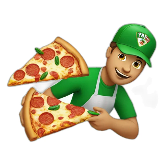 man eating pizza with a green cap with the text PAPA JOHNS sticker