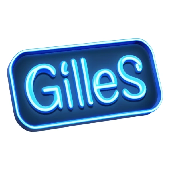 Blue neon sign with the word Giles sticker