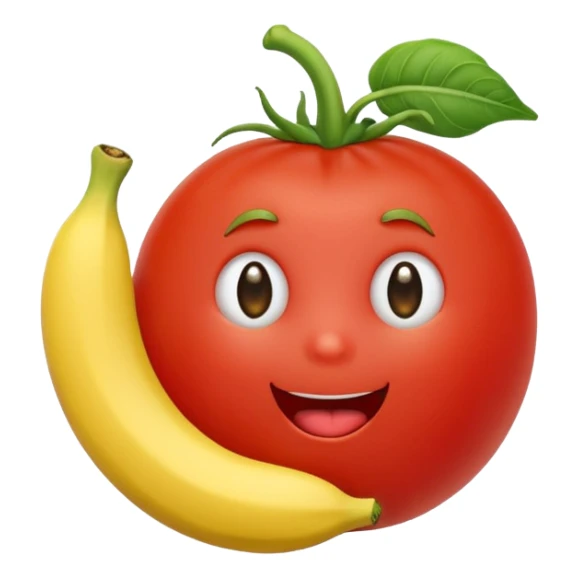 A cute tomato with a face eating a banana sticker