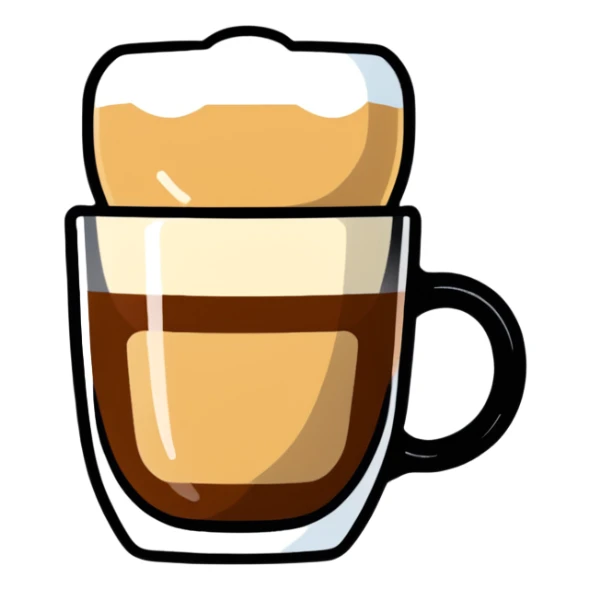 Small 4.5 ounce Gibraltar glass with cortado espresso drink, smooth gradient from light brown on top to darker at bottom, no white froth, just smooth milk and espresso integration sticker