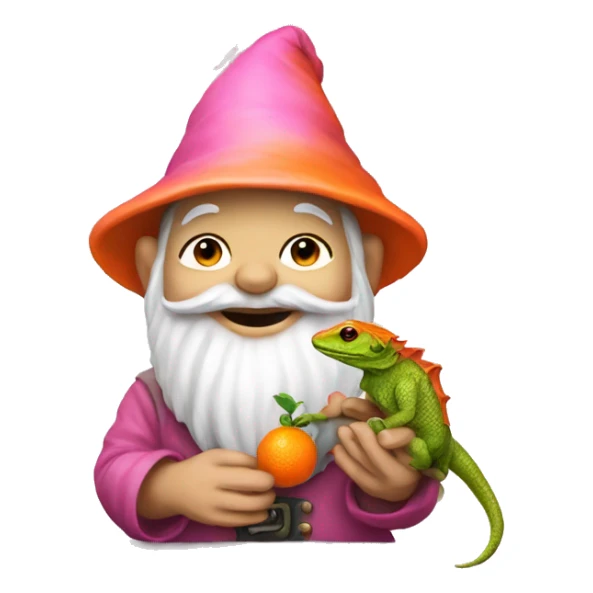 pink garden gnome holding an orange lizard sticker