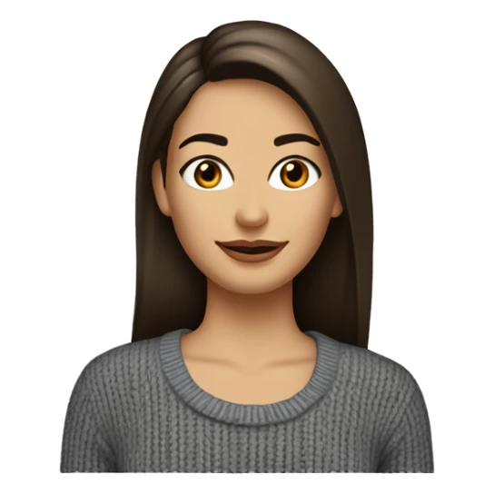 dark haired woman with highlights and long hair, brown eyes, nose same with from top to bottom. Thick eyebrows, brown kind eyes, high cheekbones and medium sized mouth with straight white teeth. Slim figure wearing a knit sweater, earrings and jeans sticker
