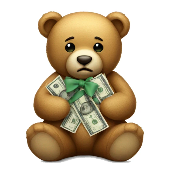 Sad teddy bear with bow holding money sticker