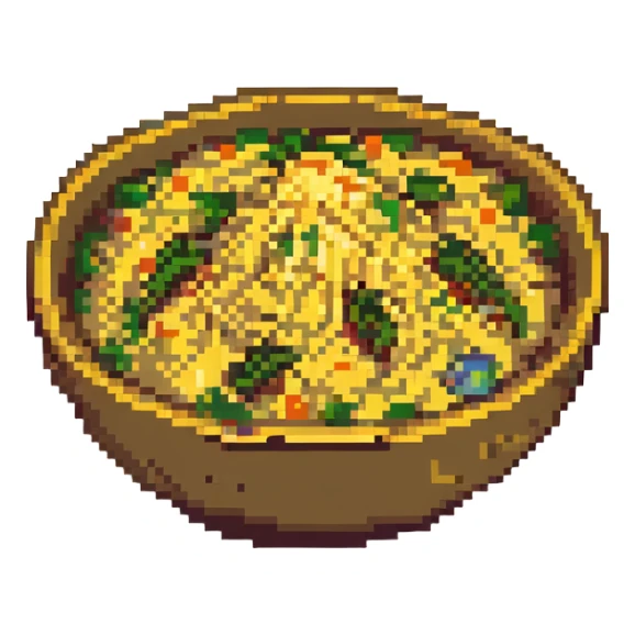 fried rice, pixel art style, small bowl, bright colors sticker