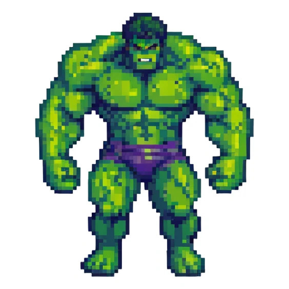 the Hulk, muscular green superhero, dynamic pose, pixel art style sticker