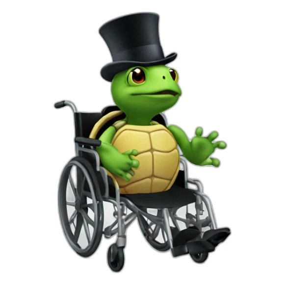A turtle in a wheelchair wearing a top hat, no suit sticker