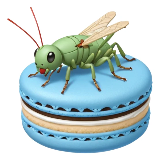 A cartoon cricket on a blue macaron with white frosting to be an icon image sticker
