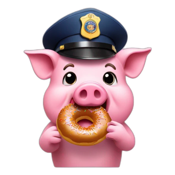 Pig in police hat eating donut with pistol sticker