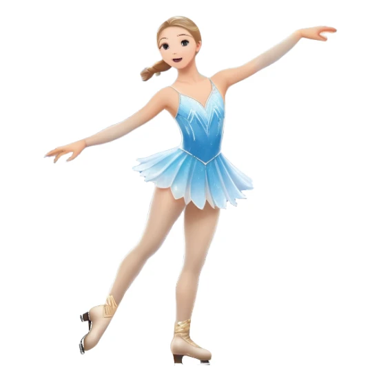 An icon showing The rink is illuminated by soft light beams, with cheering spectators in the stands. Snowflakes gently fall, adding to the magical atmosphere. a graceful figure skater performing a spin on the ice in a grand ice palace. Transparent background highlights elegance and artistry. sticker