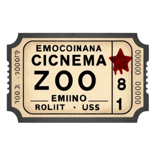 Minimalist emoji-style sticker of an old torn cinema ticket, with faded text “EMMO”, blood-stained edges and burn holes, grayscale paper

 sticker