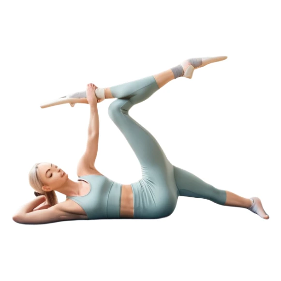 A person performing a Pilates exercise on a mat in a clean, modern studio. The focus is on core strength and flexibility, with a neutral, calming color palette. Simple equipment like a reformer machine and a soft, tranquil background enhance the feeling of controlled movement and focus. sticker