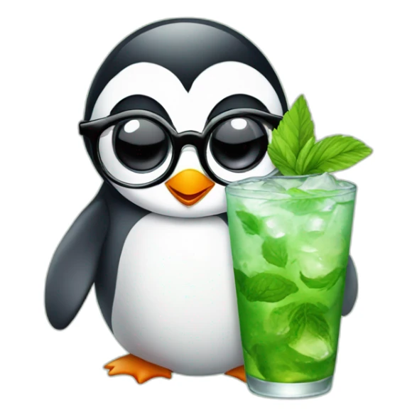 baby penguin with big glasses drinking mojito sticker