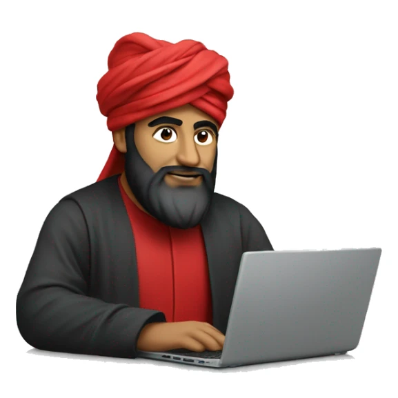A caliph with turban and red clothes writing in a laptop sticker