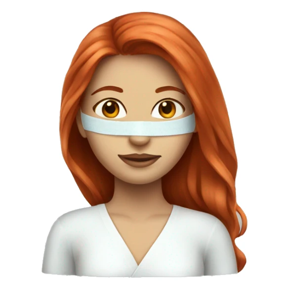 Red-haired girl with long hair in a spa mask sticker