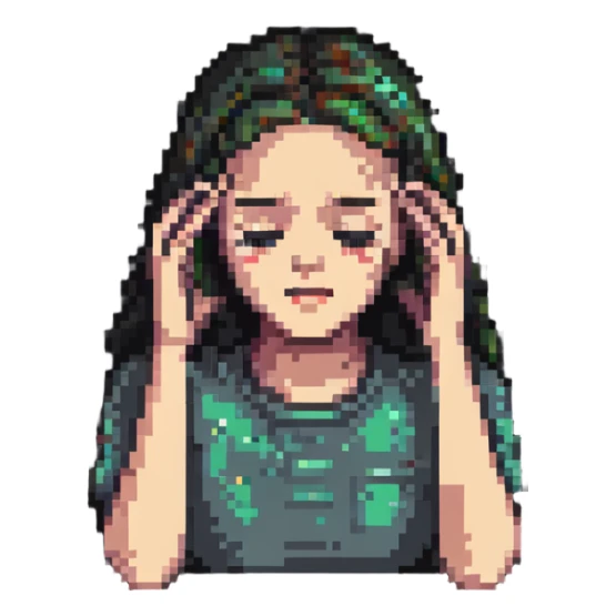 sad girl holding her head, showing headache sticker