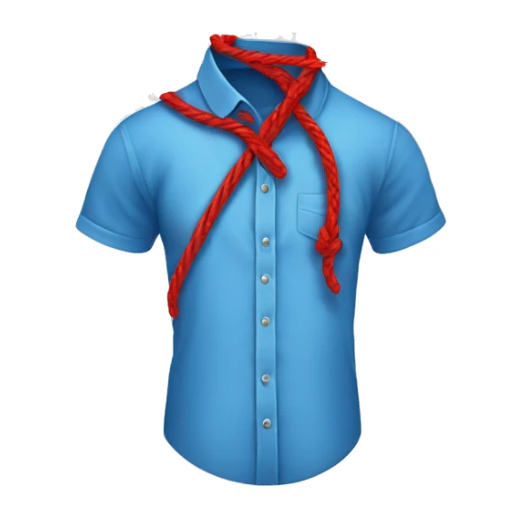 blue shirt with a red string crassed like an untied shoe lace and left dangling with the left side longer than the right sticker