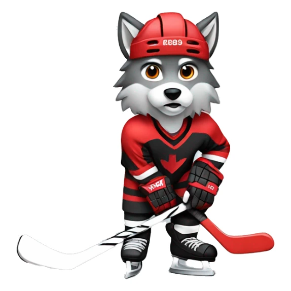 A wolf in a red black and white hockey uniform with a wolf emblem is playing hockey sticker
